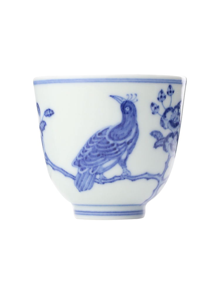 Shouzang kiln blue and white Myna peach blossom master cup single cup Jingdezhen Chinese hand-painted sample tea cup